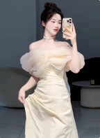 Sweet Cream Yellow A-Line Off-The-Shoulder Bow-Embellished High-Slit Satin Long Formal Prom Dress