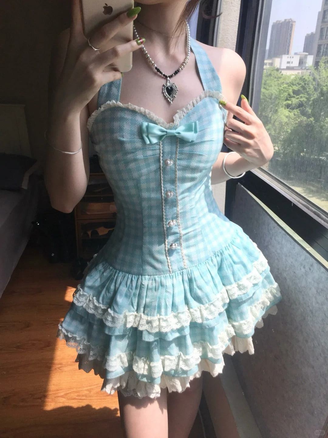 Sweet Halter Neck Blue Plaid Lace Trim Mini Homecoming Dress