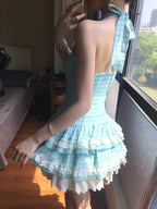 Sweet Halter Neck Blue Plaid Lace Trim Mini Homecoming Dress