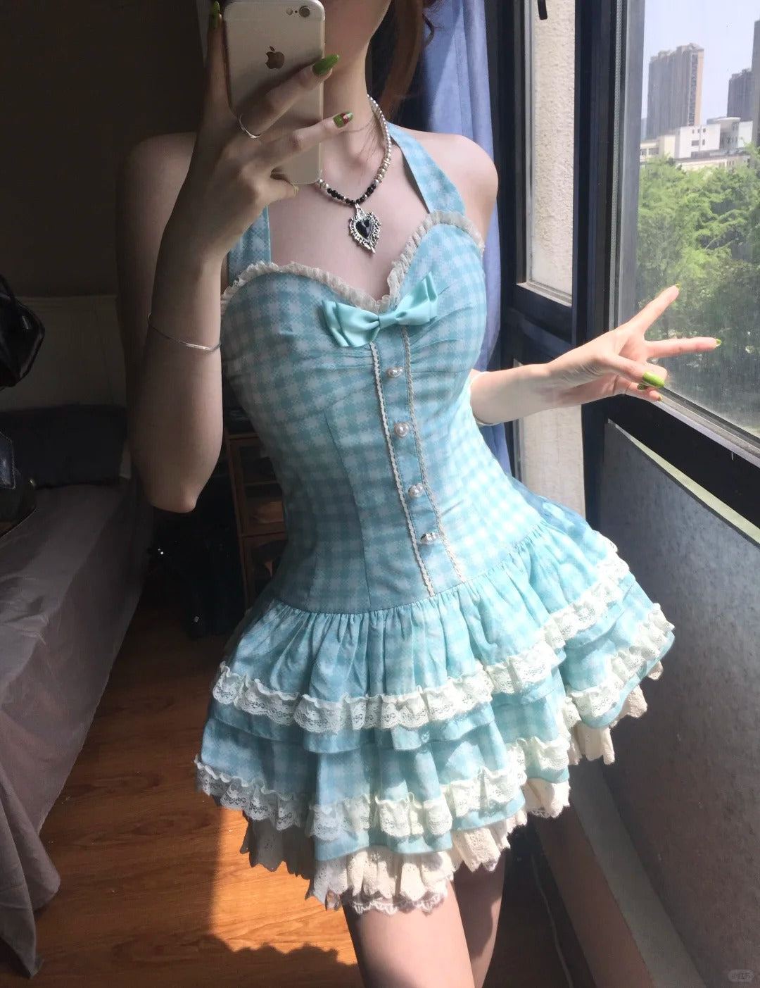 Sweet Halter Neck Blue Plaid Lace Trim Mini Homecoming Dress