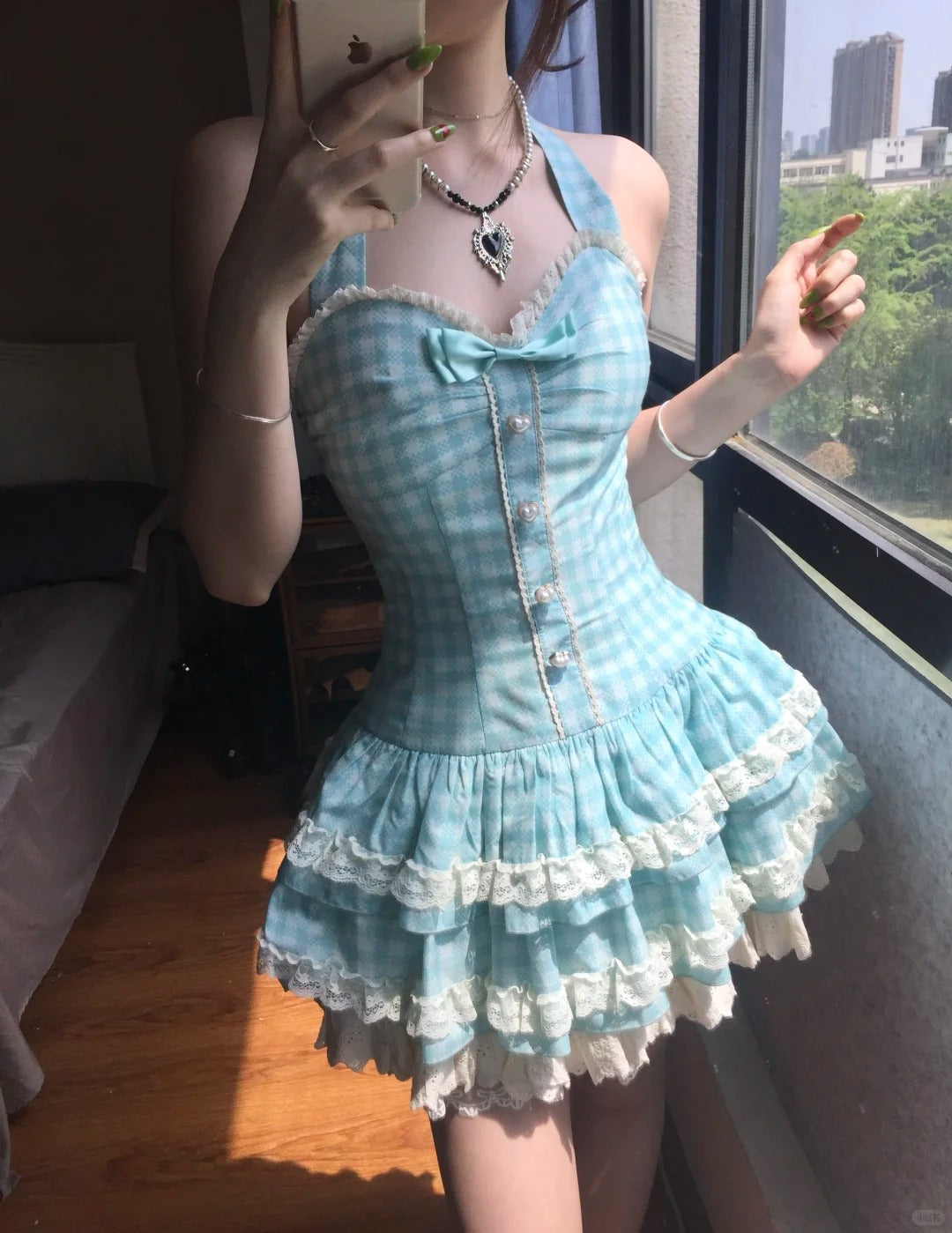 Sweet Halter Neck Blue Plaid Lace Trim Mini Homecoming Dress