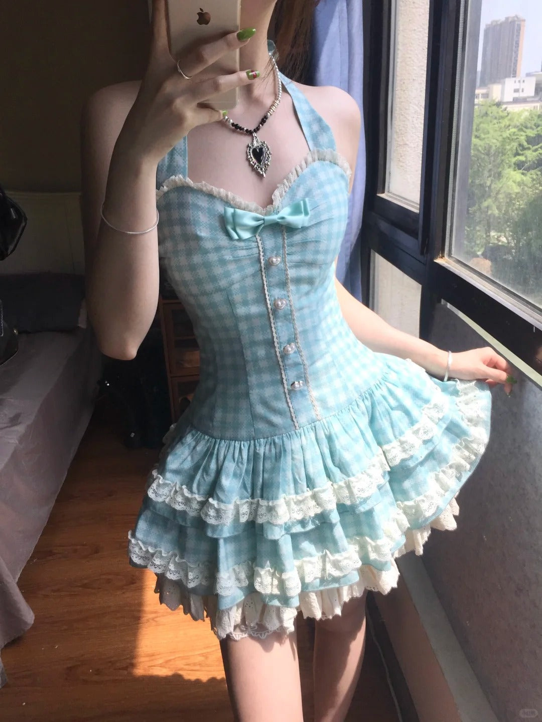 Sweet Halter Neck Blue Plaid Lace Trim Mini Homecoming Dress Main image