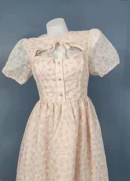 Sweet Light Apricot A-Line Floral Print Puff Sleeve Chiffon Formal Prom Dress