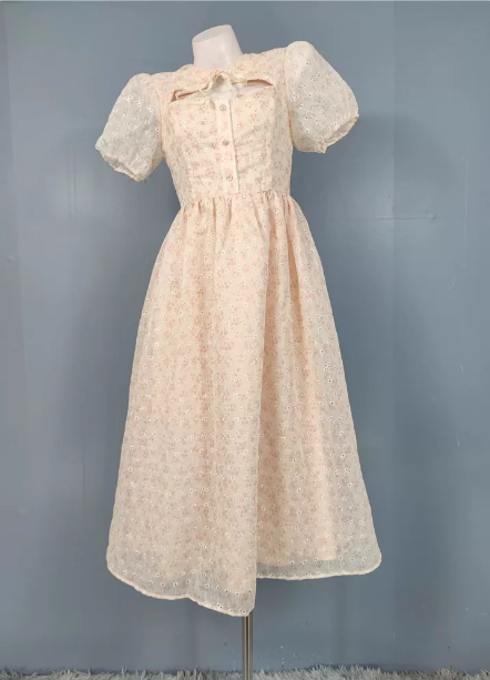 Sweet Light Apricot A-Line Floral Print Puff Sleeve Chiffon Formal Prom Dress