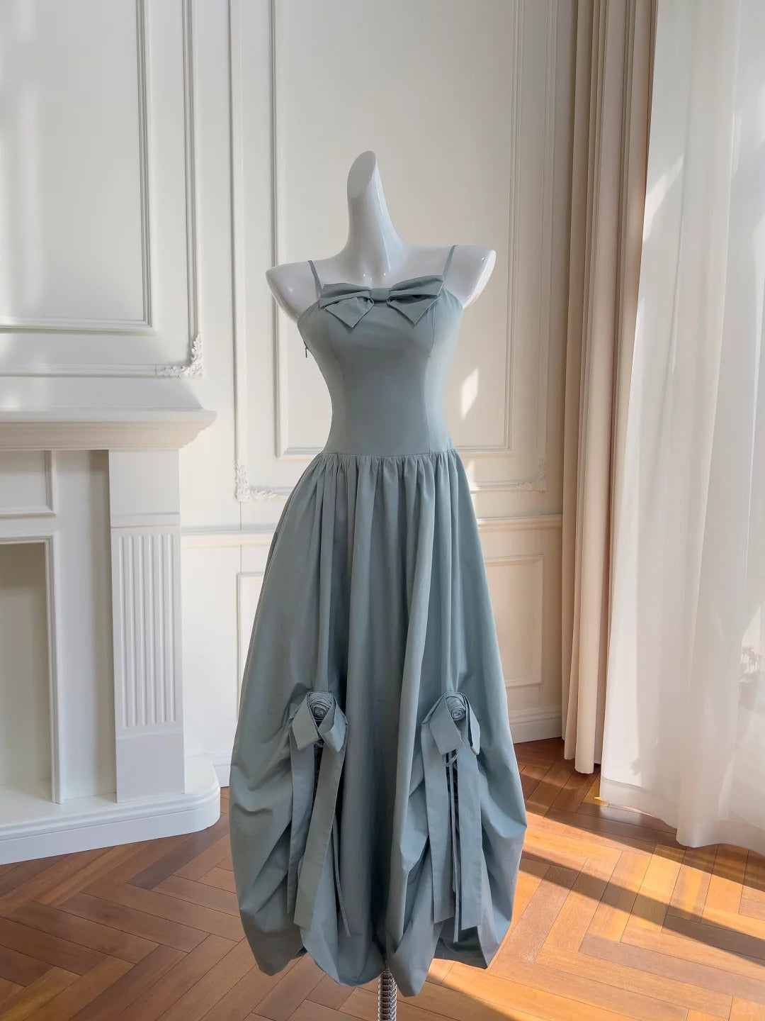 Sweet Light Blue Bud Strappy Bow Formal Prom Dress