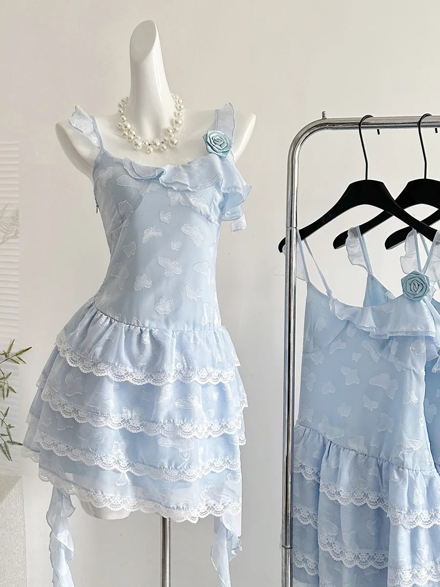 Sweet Light Blue Cake Skirt Multi-Layer Lace Chiffon Short 16Th Birthday Homecoming Dress