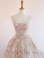 Sweet Light Champagne A-Line Tulle Sequin Applique Prom Dresses Long Prom Dresses Birthday Dresses