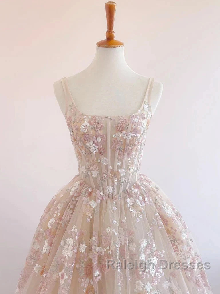 Sweet Light Champagne A-Line Tulle Sequin Applique Prom Dresses Long Prom Dresses Birthday Dresses