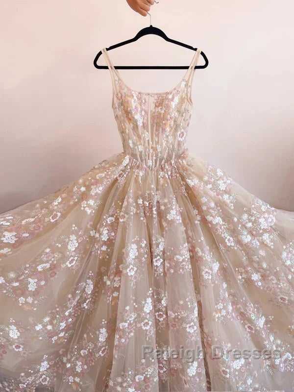 Sweet Light Champagne A-Line Tulle Sequin Applique Prom Dresses Long Prom Dresses Birthday Dresses