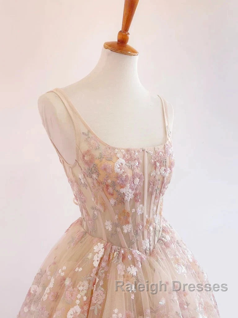 Sweet Light Champagne A-Line Tulle Sequin Applique Prom Dresses Long Prom Dresses Birthday Dresses