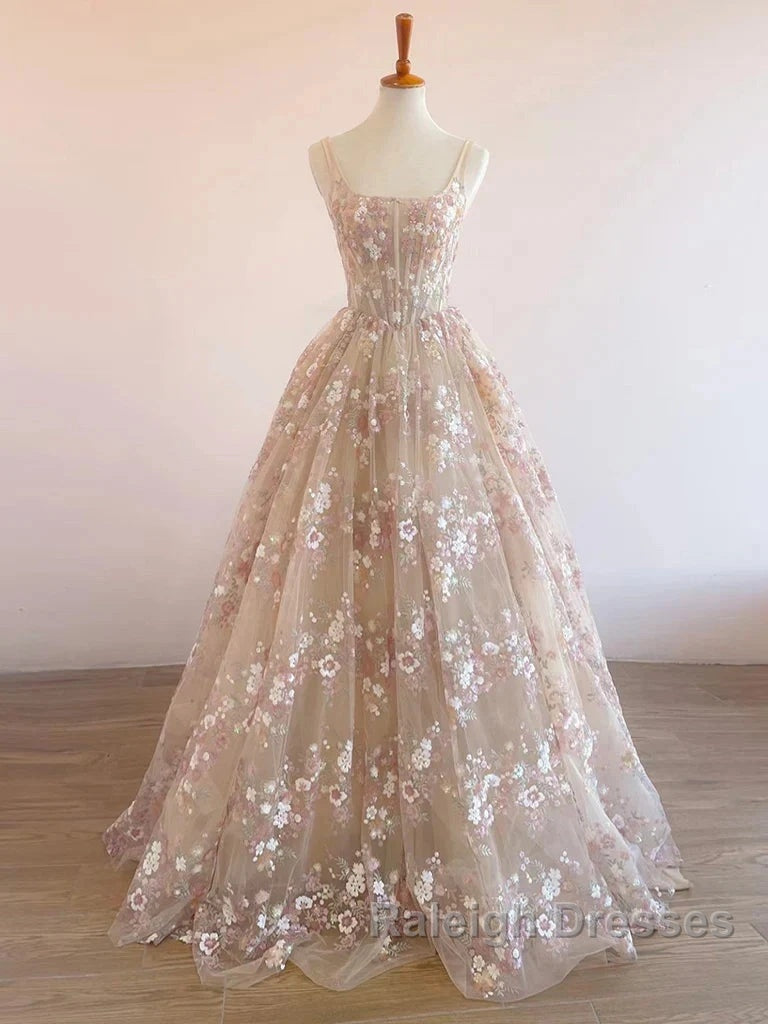 Sweet Light Champagne A-Line Tulle Sequin Applique Prom Dresses Long Prom Dresses Birthday Dresses