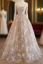 Sweet Light Champagne A-Line Tulle Sequin Applique Prom Dresses Long Prom Dresses Birthday Dresses