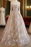 Sweet Light Champagne A-Line Tulle Sequin Applique Prom Dresses Long Prom Dresses Birthday Dresses