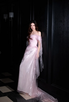 Sweet Light Pink Mermaid Off-Shoulder Organza Formal Prom Dress