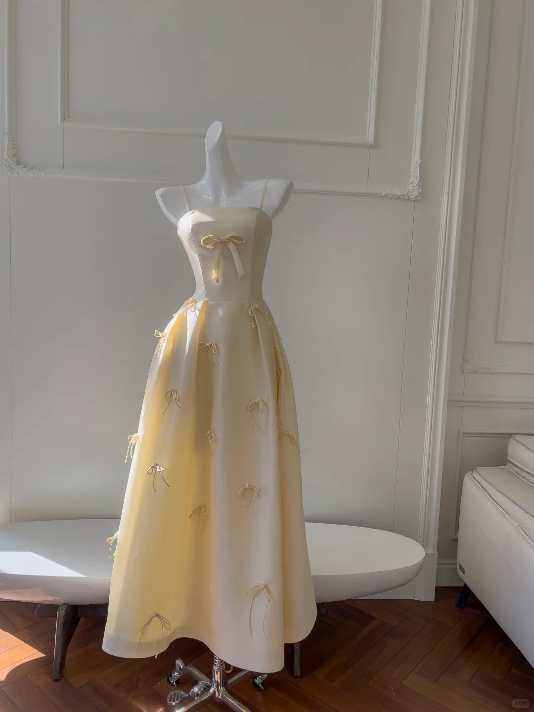 Sweet Light Yellow A-Line Spaghetti Strap Bow Satin Long Formal Prom Dress Bridesmaid Dress