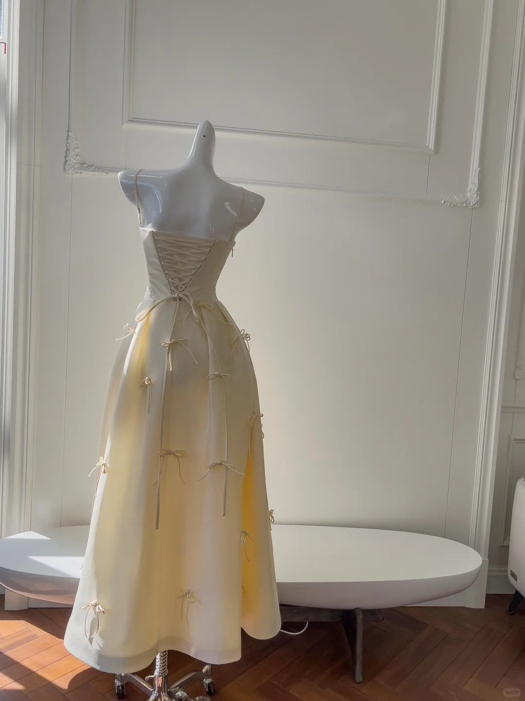 Sweet Light Yellow A-Line Spaghetti Strap Bow Satin Long Formal Prom Dress Bridesmaid Dress