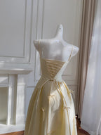 Sweet Light Yellow A-Line Spaghetti Strap Bow Satin Long Formal Prom Dress Bridesmaid Dress