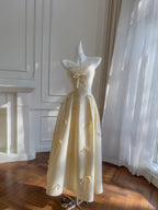 Sweet Light Yellow A-Line Spaghetti Strap Bow Satin Long Formal Prom Dress Bridesmaid Dress