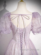 Sweet Lilac A-Line Sweetheart Tulle Beaded Long Prom Dress Puffy Sleeves Graduation Dress