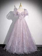 Sweet Lilac A-Line Sweetheart Tulle Beaded Long Prom Dress Puffy Sleeves Graduation Dress