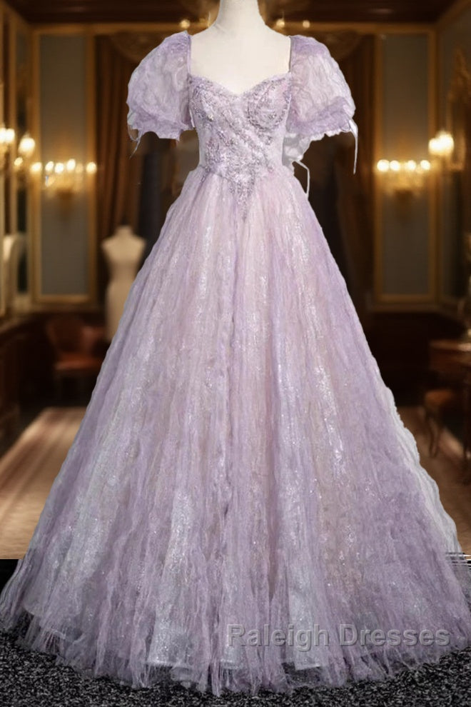 Sweet Lilac A-Line Sweetheart Tulle Beaded Long Prom Dress Puffy Sleeves Graduation Dress Main image