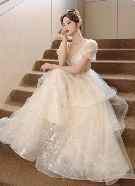 Sweet Milk Apricot A-Line Puff Short Sleeve Tulle Long Formal Prom Dress