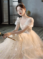 Sweet Milk Apricot A-Line Puff Short Sleeve Tulle Long Formal Prom Dress