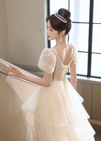 Sweet Milk Apricot A-Line Puff Short Sleeve Tulle Long Formal Prom Dress
