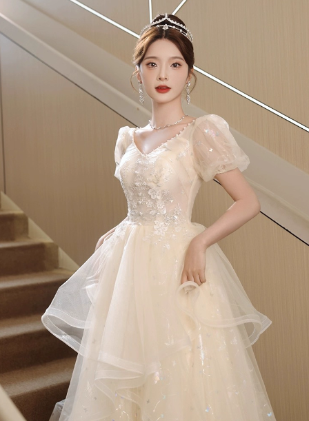 Sweet Milk Apricot A-Line Puff Short Sleeve Tulle Long Formal Prom Dress Main image