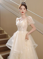 Sweet Milk Apricot A-Line Puff Short Sleeve Tulle Long Formal Prom Dress