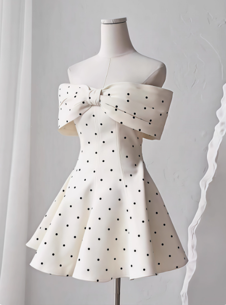 Sweet One-Shoulder Bow Satin Polka Dot Puffy Birthday Skirt Homecoming Dress Secondary image