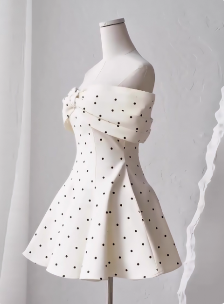 Sweet One-Shoulder Bow Satin Polka Dot Puffy Birthday Skirt Homecoming Dress
