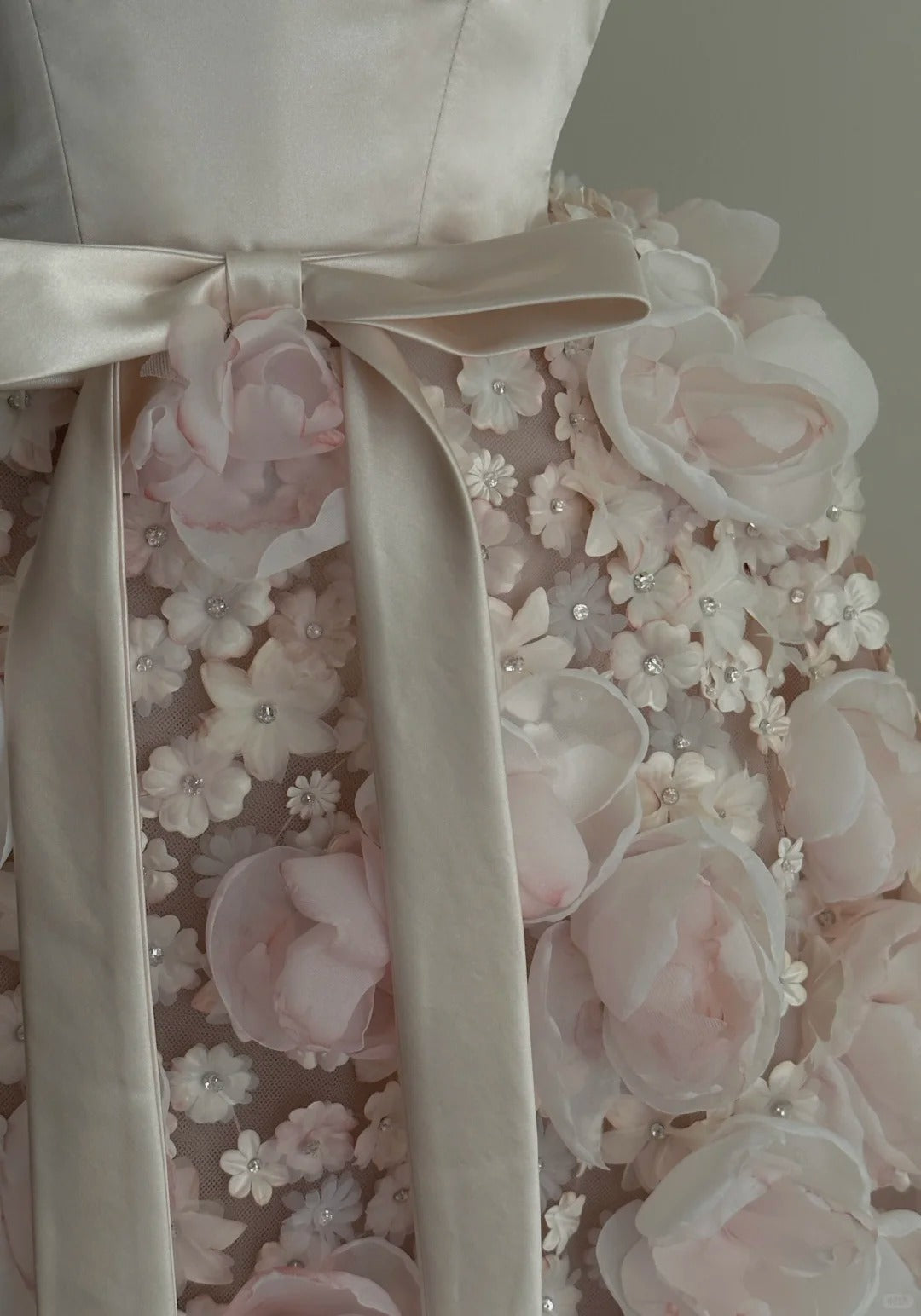 Sweet Pale Pink A-Line 3D Floral Satin And Tulle Long Formal Prom Dress Wedding Dress
