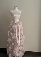 Sweet Pale Pink A-Line 3D Floral Satin And Tulle Long Formal Prom Dress Wedding Dress