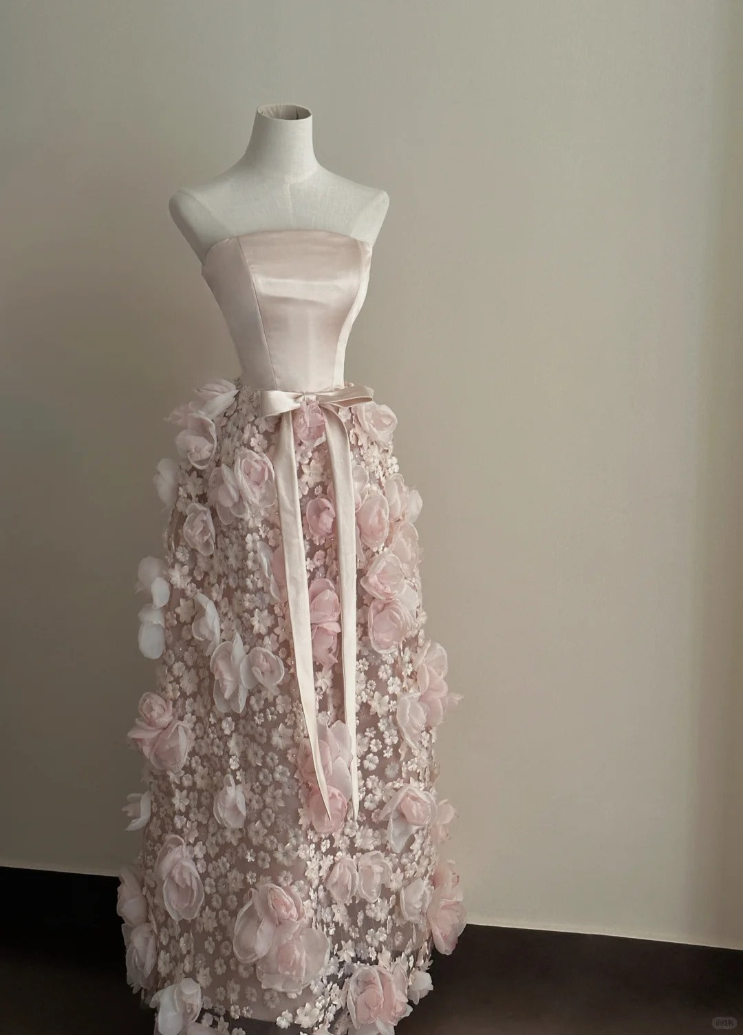 Sweet Pale Pink A-Line 3D Floral Satin And Tulle Long Formal Prom Dress Wedding Dress