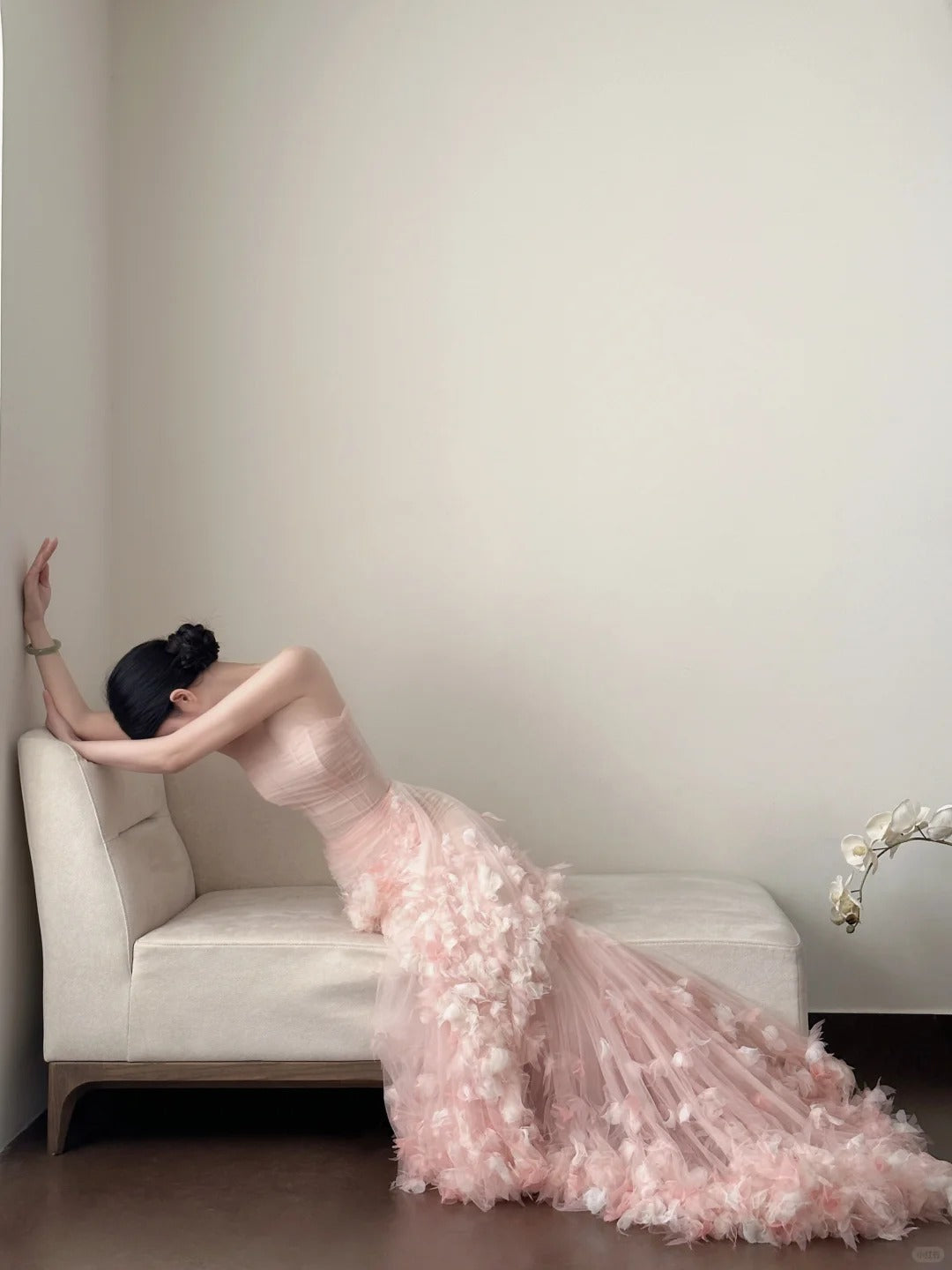 Sweet Pale Pink Mermaid Tail Three-Dimensional Petal Long Formal Prom Dress Wedding Dress Secondary image