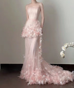 Sweet Pale Pink Mermaid Tail Three-Dimensional Petal Long Formal Prom Dress Wedding Dress