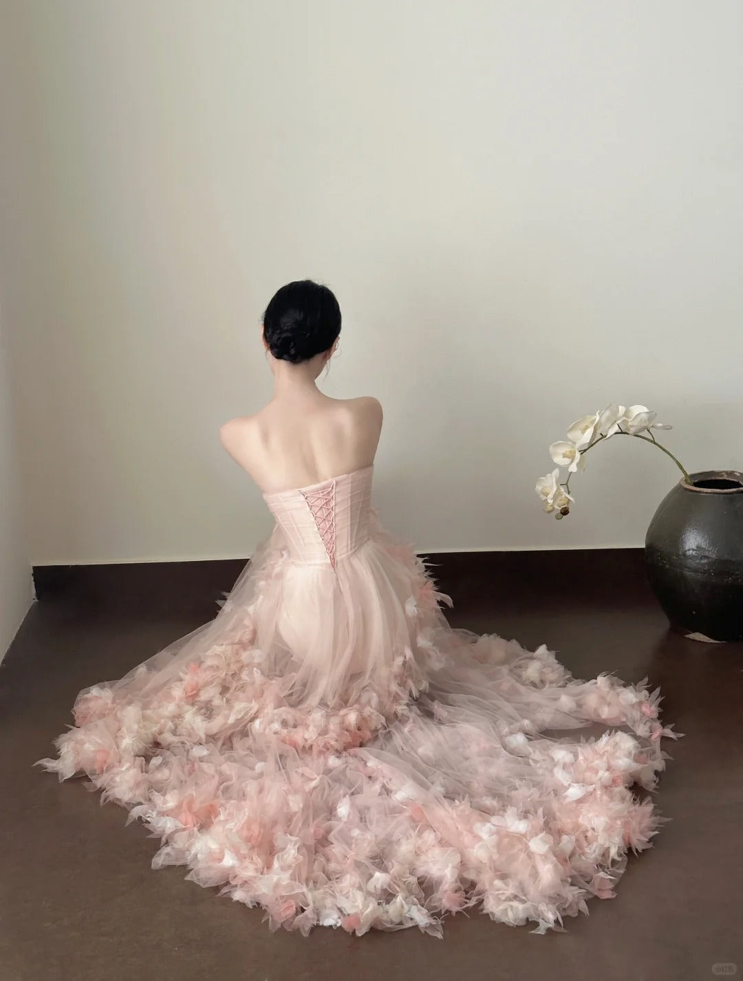 Sweet Pale Pink Mermaid Tail Three-Dimensional Petal Long Formal Prom Dress Wedding Dress