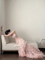 Sweet Pale Pink Mermaid Tail Three-Dimensional Petal Long Formal Prom Dress Wedding Dress