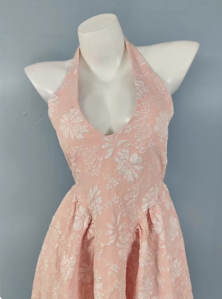 Sweet Pink A-Line Halter V-Neck Jacquard Formal Prom Dress