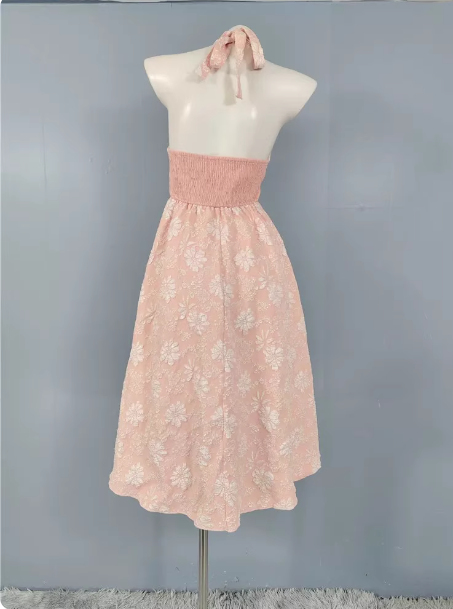 Sweet Pink A-Line Halter V-Neck Jacquard Formal Prom Dress