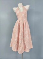 Sweet Pink A-Line Halter V-Neck Jacquard Formal Prom Dress