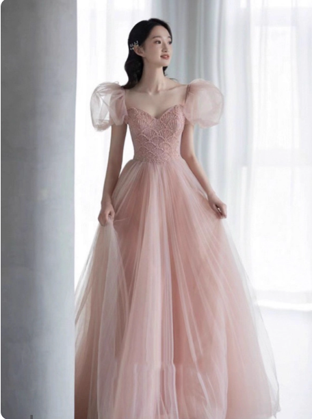Sweet Pink A-Line Puff Sleeve Beaded Tulle Long Formal Prom Dress Secondary image