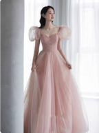 Sweet Pink A-Line Puff Sleeve Beaded Tulle Long Formal Prom Dress