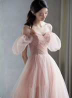 Sweet Pink A-Line Puff Sleeve Beaded Tulle Long Formal Prom Dress