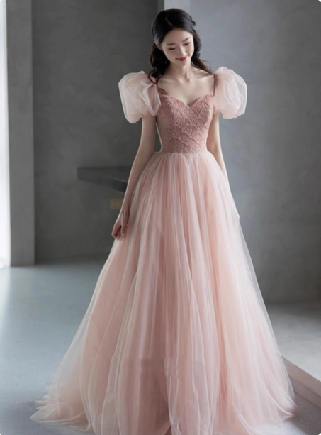 Sweet Pink A-Line Puff Sleeve Beaded Tulle Long Formal Prom Dress Main image