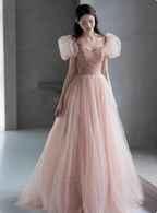 Sweet Pink A-Line Puff Sleeve Beaded Tulle Long Formal Prom Dress