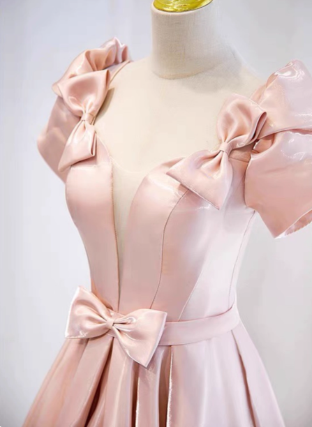 Sweet Pink A-Line Puff Sleeve Bow Satin Long Formal Prom Dress