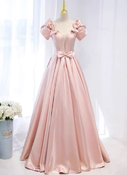 Sweet Pink A-Line Puff Sleeve Bow Satin Long Formal Prom Dress