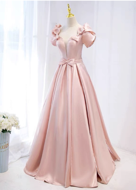 Sweet Pink A-Line Puff Sleeve Bow Satin Long Formal Prom Dress Main image
